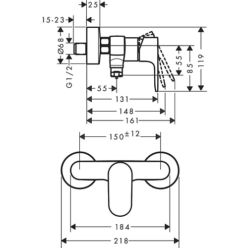 Смеситель для душа Hansgrohe Rebris S, внешнего монтажа, 2 режима расхода воды 72643000, хром Смеситель для душа Hansgrohe Rebris S, внешнего монтажа, 2 режима расхода воды 72643000, хром