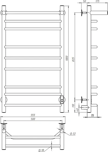 Полотенцесушитель электрический EWRIKA Сафо БР3 100х50, белый, с полкой 582345 Полотенцесушитель электрический EWRIKA Сафо БР3 100х50, белый, с полкой 582345