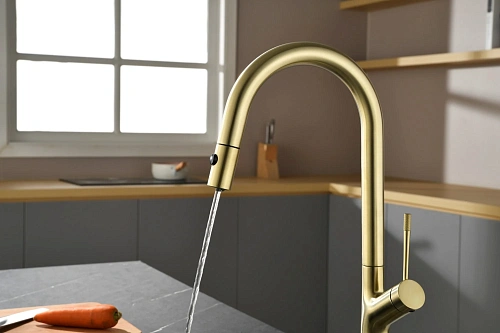 Смеситель для кухни AQUAme Cucina AQM9905BG с выдвижным изливом, с подключением к фильтру с питьевой водой, золото шлифованное Смеситель для кухни AQUAme Cucina AQM9905BG с выдвижным изливом, с подключением к фильтру с питьевой водой, золото шлифованное