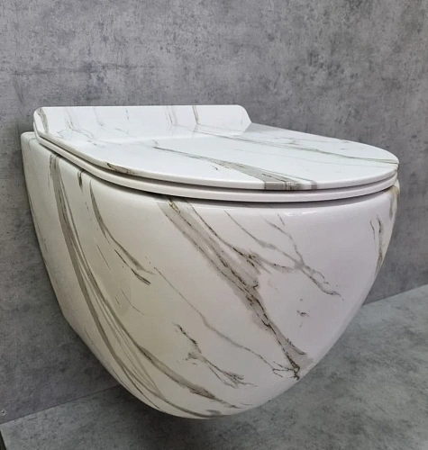 Унитаз подвесной CeramaLux 2213-K белый мрамор с крышкой микролифт Унитаз подвесной CeramaLux 2213-K белый мрамор с крышкой микролифт