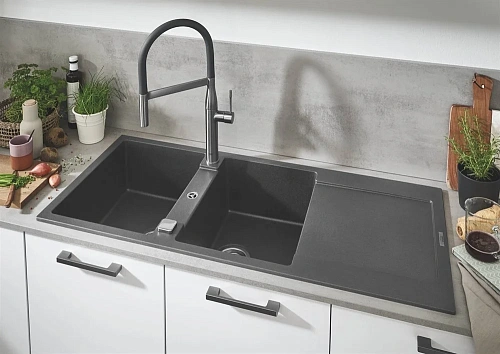 Кухонная мойка GROHE K500 с 2 чашами, 1160 x 500 мм, серый гранит (31647AT0) Кухонная мойка GROHE K500 с 2 чашами, 1160 x 500 мм, серый гранит (31647AT0)