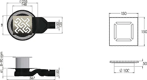 Душевой трап BERGES PLATZ Antik 150х150, бронза, S-сифон D50 H60 боковой 094161 Душевой трап BERGES PLATZ Antik 150х150, бронза, S-сифон D50 H60 боковой 094161