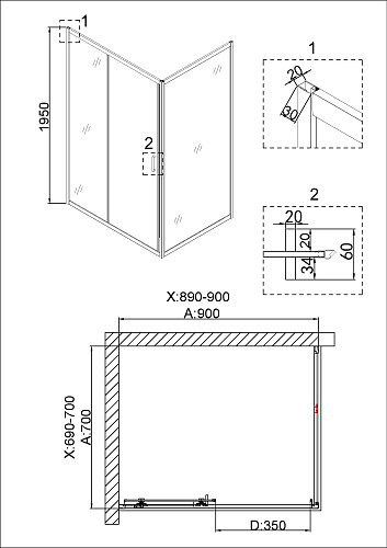 Душевой уголок Niagara Nova NG-42-9AG-A70G (90x70x195) прямоугольная, дверь раздвижная Душевой уголок Niagara Nova NG-42-9AG-A70G (90x70x195) прямоугольная, дверь раздвижная