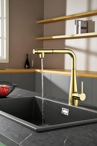 Смеситель для кухни AQUAme Cucina AQM9902BG с выдвижным изливом, золото шлифованное Смеситель для кухни AQUAme Cucina AQM9902BG с выдвижным изливом, золото шлифованное