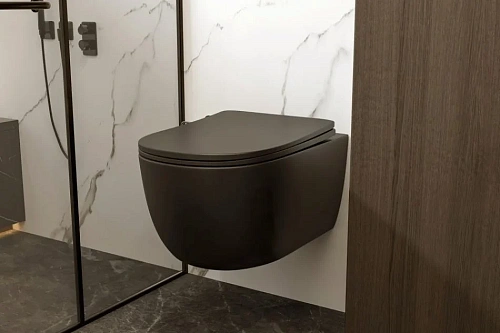 Унитаз подвесной ABBER Bequem AC1104MB черный матовый, безободковый с крышкой микролифт Унитаз подвесной ABBER Bequem AC1104MB черный матовый, безободковый с крышкой микролифт