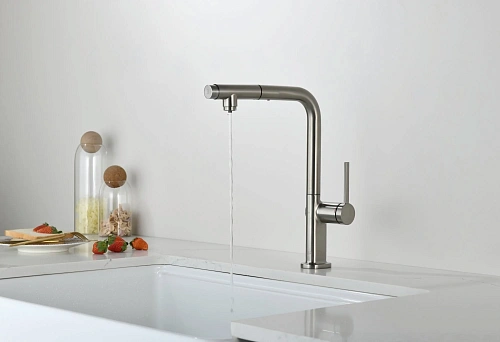 Смеситель для кухни AQUAme Cucina AQM9903BN с выдвижным изливом, с подключением к фильтру с питьевой водой, никель шлифованный Смеситель для кухни AQUAme Cucina AQM9903BN с выдвижным изливом, с подключением к фильтру с питьевой водой, никель шлифованный