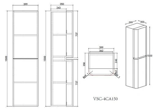 Шкаф-пенал Vincea Caprise VSC-4CA150MG-R подвесной, правый, 1500x404x350, серый матовый Шкаф-пенал Vincea Caprise VSC-4CA150MG-R подвесной, правый, 1500x404x350, серый матовый