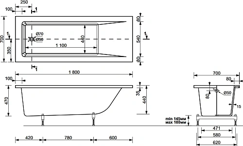 Ванна из искусственного камня STWORKI Ольборг ФР-00014089 180х70, с ножками 576758 Ванна из искусственного камня STWORKI Ольборг ФР-00014089 180х70, с ножками 576758