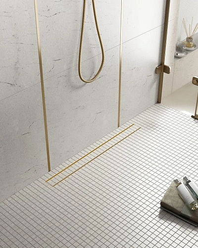 Душевой лоток Timo Drain System 700 с двусторонней панелью "plate" под плитку, Золото матовое Душевой лоток Timo Drain System 700 с двусторонней панелью "plate" под плитку, Золото матовое
