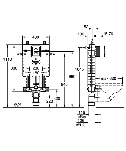 Инсталляция для унитаза GROHE Uniset (38724001) с панелью смыва, белый Инсталляция для унитаза GROHE Uniset (38724001) с панелью смыва, белый
