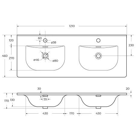 Раковина BelBagno BB-8099-120-2 1210x460 с двумя чашами Раковина BelBagno BB-8099-120-2 1210x460 с двумя чашами