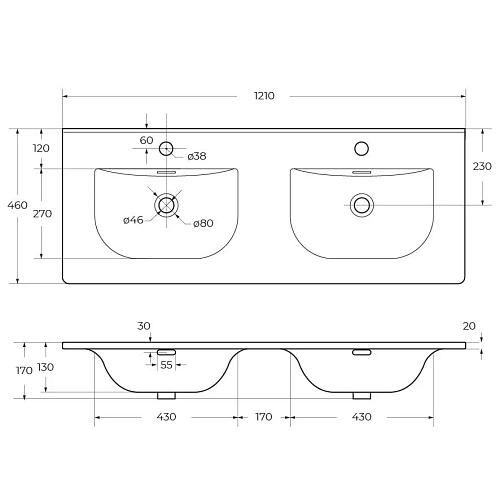Раковина BelBagno BB-8099-120-2 1210x460 с двумя чашами Раковина BelBagno BB-8099-120-2 1210x460 с двумя чашами