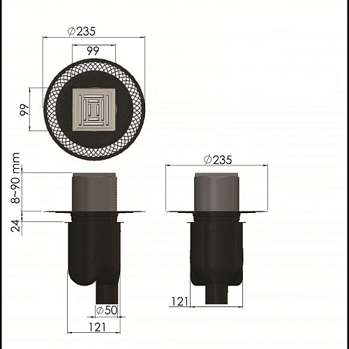 Душевой трап BERGES PLATZ Uno 100х100, матовый хром, S-сифон D50/105 H50 вертикальный 090069 Душевой трап BERGES PLATZ Uno 100х100, матовый хром, S-сифон D50/105 H50 вертикальный 090069