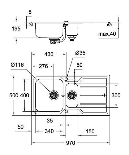 Кухонная мойка Grohe K500 из нержавеющей стали с корзинчатым вентилем, 31572SD0, левая/правая Кухонная мойка Grohe K500 из нержавеющей стали с корзинчатым вентилем, 31572SD0, левая/правая