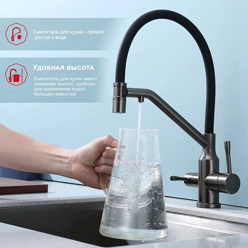 Смеситель для кухни Raglo R81.62.09 с гибким изливом с подключением к фильтру, графит Смеситель для кухни Raglo R81.62.09 с гибким изливом с подключением к фильтру, графит