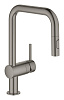 Картинка анонса товара «смеситель для кухни grohe minta однорычажный с выдвижным изливом с аэратором, u-излив, темный графит 32322al2»
