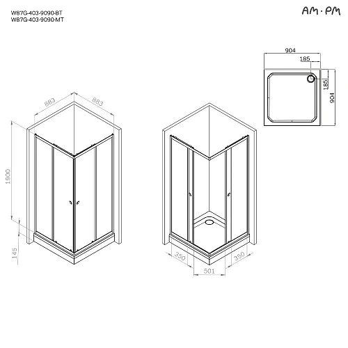 Душевой уголок AM.PM Sunny W87G-403-9090-MT 90x90 серебро, стекло прозрачное Душевой уголок AM.PM Sunny W87G-403-9090-MT 90x90 серебро, стекло прозрачное