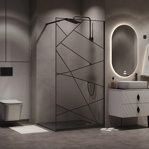 Душевая перегородка Niagara Nova NG-680-90BLACK (90x195) черный матовый, стекло прозрачное с рисунком Душевая перегородка Niagara Nova NG-680-90BLACK (90x195) черный матовый, стекло прозрачное с рисунком