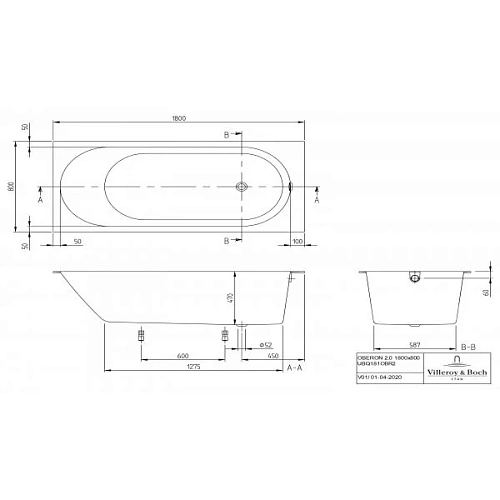 Ванна квариловая Villeroy & Boch Oberon 2.0 180х80 см UBQ181OBR2DV-01 Ванна квариловая Villeroy & Boch Oberon 2.0 180х80 см UBQ181OBR2DV-01