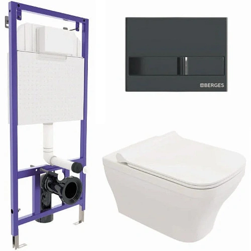 Комплект унитаза BERGES Strati Rimless с инсталляцией NOVUM кнопкой L6 черный глянец, сидение дюропл 042454 Комплект унитаза BERGES Strati Rimless с инсталляцией NOVUM кнопкой L6 черный глянец, сидение дюропл 042454
