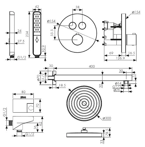 Душевая система Kaiser Sano с термостатом скрытого монтажа шлифованное золото 08277-3 Душевая система Kaiser Sano с термостатом скрытого монтажа шлифованное золото 08277-3