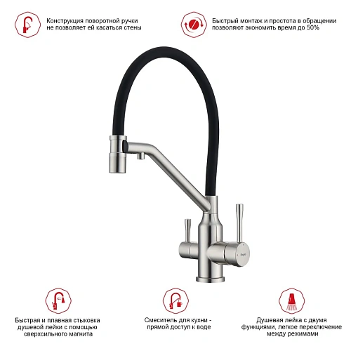 Смеситель для кухни Raglo R81.62.05 с гибким изливом с подключением к фильтру, сатин Смеситель для кухни Raglo R81.62.05 с гибким изливом с подключением к фильтру, сатин