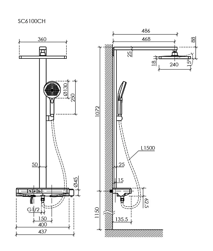 Душевая система Sancos Vos SC6100CH с термостатом, изливом, полкой, шлангом 1,5 м, верхним и ручным душем, хром Душевая система Sancos Vos SC6100CH с термостатом, изливом, полкой, шлангом 1,5 м, верхним и ручным душем, хром