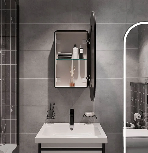 Зеркальный шкаф STWORKI Мальмё МВК073 45, с подсветкой, черный, навесной, в стиле лофт, светодиоды 5 541293 Зеркальный шкаф STWORKI Мальмё МВК073 45, с подсветкой, черный, навесной, в стиле лофт, светодиоды 5 541293