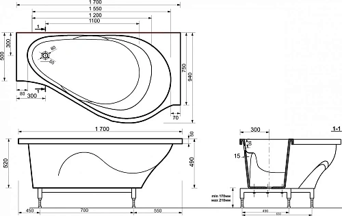 Ванна из искусственного камня Эстет Грация 1700х940 ФР-00000633 правая Ванна из искусственного камня Эстет Грация 1700х940 ФР-00000633 правая