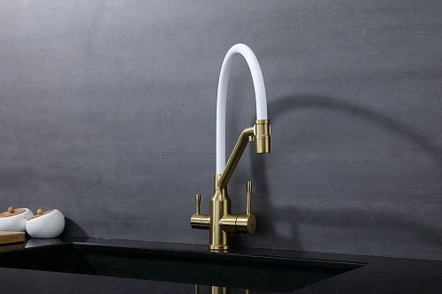 Смеситель для кухни Raglo R81.62.03 с гибким изливом с подключением к фильтру, золотой сатин Смеситель для кухни Raglo R81.62.03 с гибким изливом с подключением к фильтру, золотой сатин