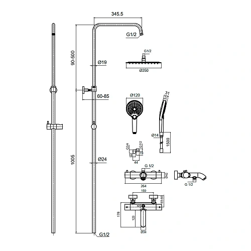 Душевая система AQUAme AQM8008CR с термостатом, Ø250, лейка 3 реж, высота 1100-1500мм, Хром Душевая система AQUAme AQM8008CR с термостатом, Ø250, лейка 3 реж, высота 1100-1500мм, Хром