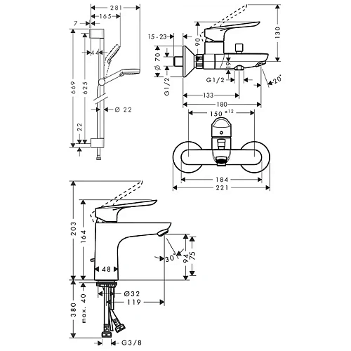 Комплект смесителей Hansgrohe Logis E SetLogisE100C 71178000+71415000+26532400 с душевым гарнитуром Комплект смесителей Hansgrohe Logis E SetLogisE100C 71178000+71415000+26532400 с душевым гарнитуром