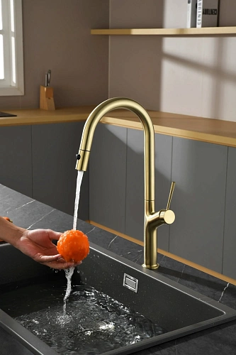 Смеситель для кухни AQUAme Cucina AQM9905BG с выдвижным изливом, с подключением к фильтру с питьевой водой, золото шлифованное Смеситель для кухни AQUAme Cucina AQM9905BG с выдвижным изливом, с подключением к фильтру с питьевой водой, золото шлифованное