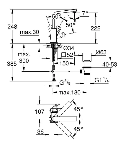 Смеситель для раковины GROHE Eurocube с донным клапаном, высоким изливом и ограничением расхода воды 2313500E Смеситель для раковины GROHE Eurocube с донным клапаном, высоким изливом и ограничением расхода воды 2313500E