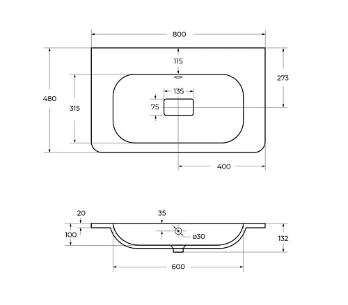 Раковина CEZARES CZR-800/480-LV-MR-NV-W0 Раковина CEZARES CZR-800/480-LV-MR-NV-W0