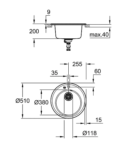 Кухонная мойка GROHE K200 с одной чашей, диаметр 510 мм, черный гранит (31656AP0) Кухонная мойка GROHE K200 с одной чашей, диаметр 510 мм, черный гранит (31656AP0)
