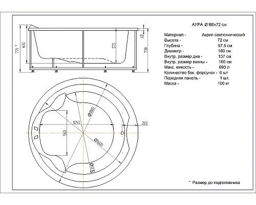 Акриловая ванна Aquatek Аура 180x180 круглая, универсальная, с каркасом AUR180-0000003 Акриловая ванна Aquatek Аура 180x180 круглая, универсальная, с каркасом AUR180-0000003