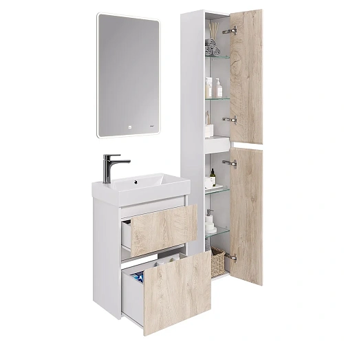 Тумба под раковину DREJA SLIM, 55 см, подвесная/напольная, 2 ящика, белый глянец / дуб кантри 99.050 99.0500 Тумба под раковину DREJA SLIM, 55 см, подвесная/напольная, 2 ящика, белый глянец / дуб кантри 99.050 99.0500