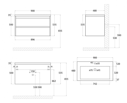 Тумба под раковину ART&MAX FAMILY Family-900-2C-SO-PS подвесная с двумя выкатными ящиками, Pino Sibe Тумба под раковину ART&MAX FAMILY Family-900-2C-SO-PS подвесная с двумя выкатными ящиками, Pino Sibe