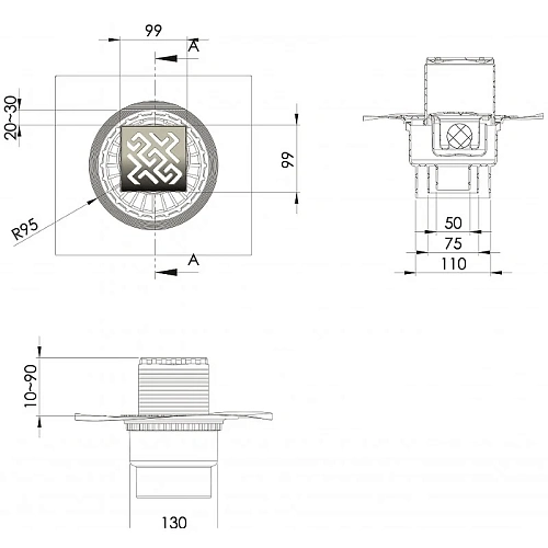 Душевой трап BERGES ZENTRUM Antik 100х100, матовый хром, выпуск D50/75/110 H74 вертикальный 090464 Душевой трап BERGES ZENTRUM Antik 100х100, матовый хром, выпуск D50/75/110 H74 вертикальный 090464