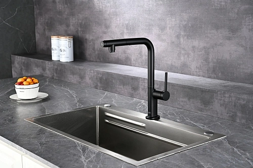 Смеситель для кухни AQUAme Cucina AQM9903MB с выдвижным изливом, с подключением к фильтру с питьевой водой, черный матовый Смеситель для кухни AQUAme Cucina AQM9903MB с выдвижным изливом, с подключением к фильтру с питьевой водой, черный матовый