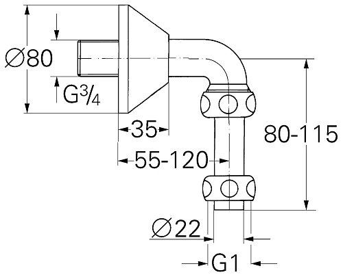 Отвод 3/4 дюйма GROHE (присоединительная трубка Ø 22 мм), хром (12408000) Отвод 3/4 дюйма GROHE (присоединительная трубка Ø 22 мм), хром (12408000)