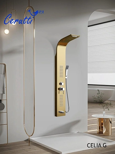 Душевая панель Ceruttispa CELIA G CT10404 из нержавеющей стали с форсунками, золото Душевая панель Ceruttispa CELIA G CT10404 из нержавеющей стали с форсунками, золото