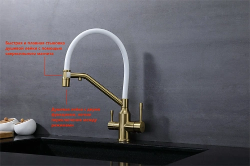 Смеситель для кухни Raglo R81.62.03 с гибким изливом с подключением к фильтру, золотой сатин Смеситель для кухни Raglo R81.62.03 с гибким изливом с подключением к фильтру, золотой сатин