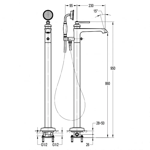 Смеситель для ванны Swedbe Terracotta Art 2514 напольный с душевой лейкой Смеситель для ванны Swedbe Terracotta Art 2514 напольный с душевой лейкой