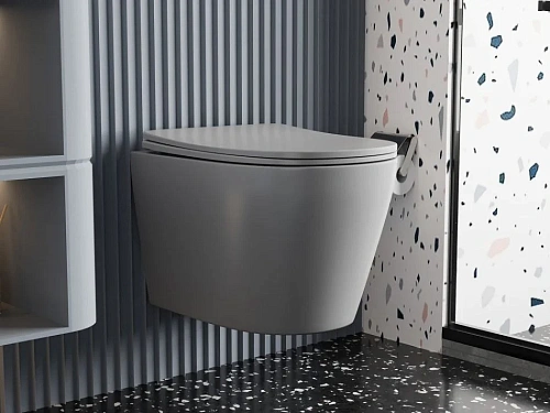 Унитаз подвесной ABBER Bequem AC1102MG с крышкой, серый матовый, безободковый Унитаз подвесной ABBER Bequem AC1102MG с крышкой, серый матовый, безободковый