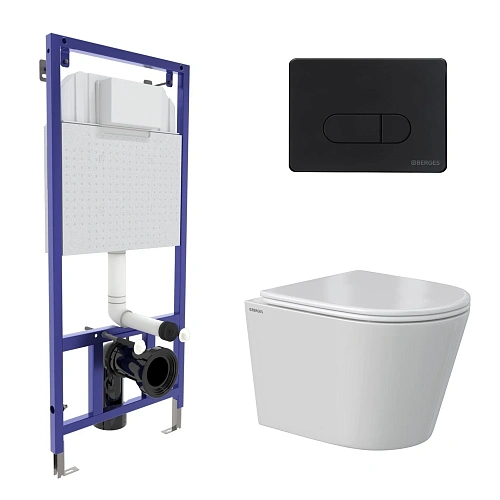 Комплект инсталляции BERGES NOVUM с клавишей смыва D5 Soft Touch черная, унитазом VITA Rimless 49 см и сиденьем микролифт, быстросъём 043376 Комплект инсталляции BERGES NOVUM с клавишей смыва D5 Soft Touch черная, унитазом VITA Rimless 49 см и сиденьем микролифт, быстросъём 043376