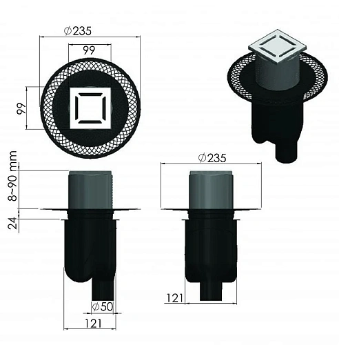 Душевой трап BERGES PLATZ Norma 100х100, матовый хром, S-сифон D50/105 H50 вертикальный 090058 Душевой трап BERGES PLATZ Norma 100х100, матовый хром, S-сифон D50/105 H50 вертикальный 090058