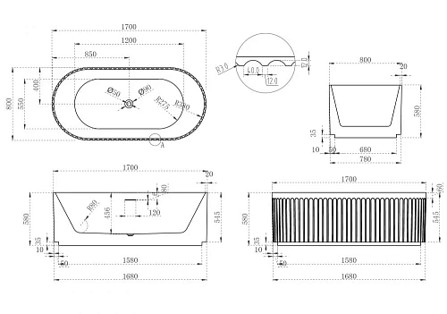 Ванна отдельностоящая ABBER AB9410-1.7 170x80 универсальная, белая акриловая Ванна отдельностоящая ABBER AB9410-1.7 170x80 универсальная, белая акриловая