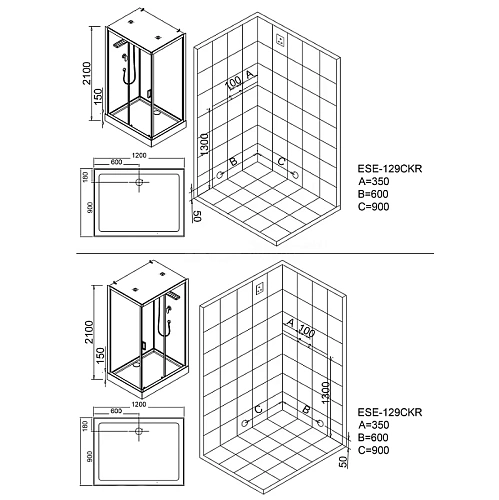 Душевая кабина Esbano ECONOM (ESKE129CKR) прямоугольная с крышей ESE-129CKR120x90x210 Душевая кабина Esbano ECONOM (ESKE129CKR) прямоугольная с крышей ESE-129CKR120x90x210
